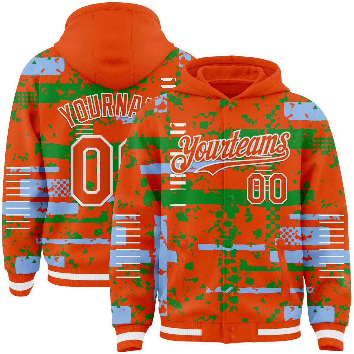 Custom Orange Light Blue Grass Green-White Abstract Fragment Shape Bomber Full-Snap Varsity Letterman Hoodie Jacket