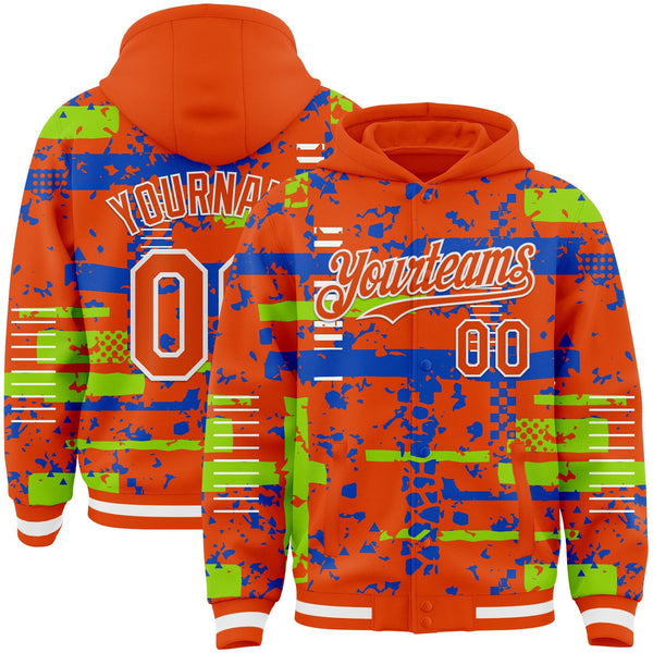 Custom Orange Neon Green Thunder Blue-White Abstract Fragment Shape Bomber Full-Snap Varsity Letterman Hoodie Jacket