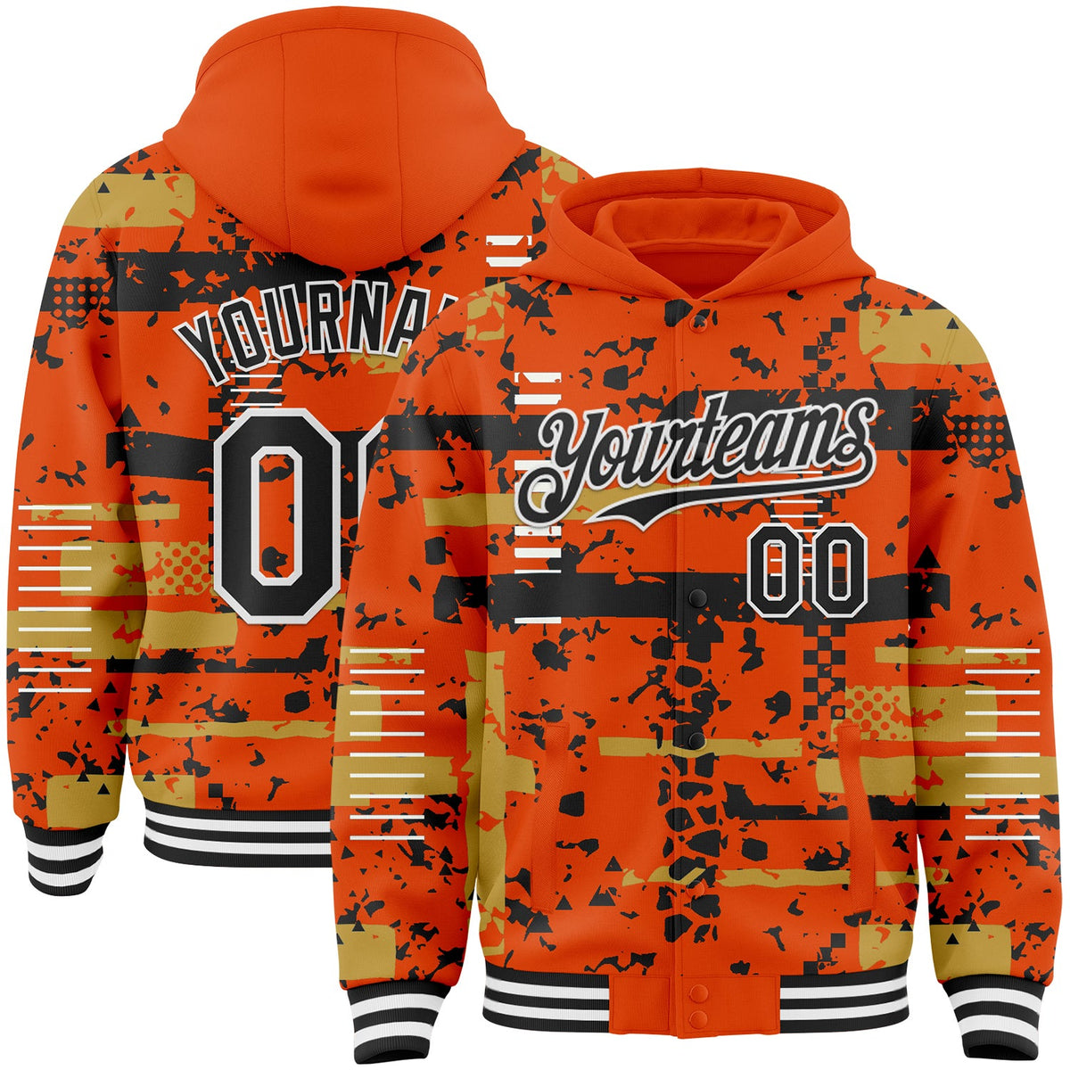 Custom Orange Black Old Gold-White Abstract Fragment Shape Bomber Full-Snap Varsity Letterman Hoodie Jacket