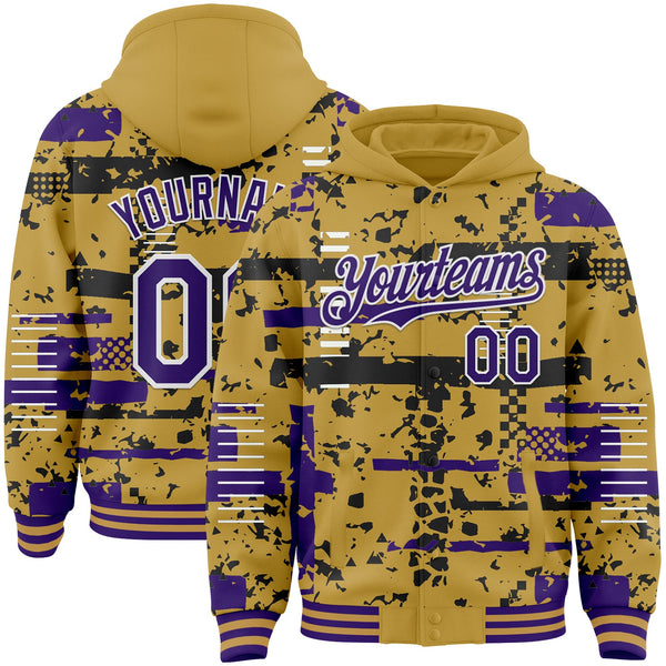 Custom Old Gold Purple Black-White Abstract Fragment Shape Bomber Full-Snap Varsity Letterman Hoodie Jacket