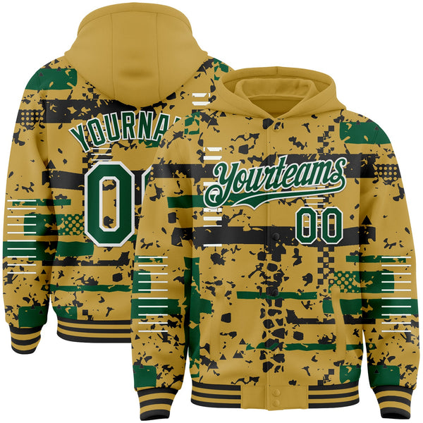 Custom Old Gold Kelly Green Black-White Abstract Fragment Shape Bomber Full-Snap Varsity Letterman Hoodie Jacket