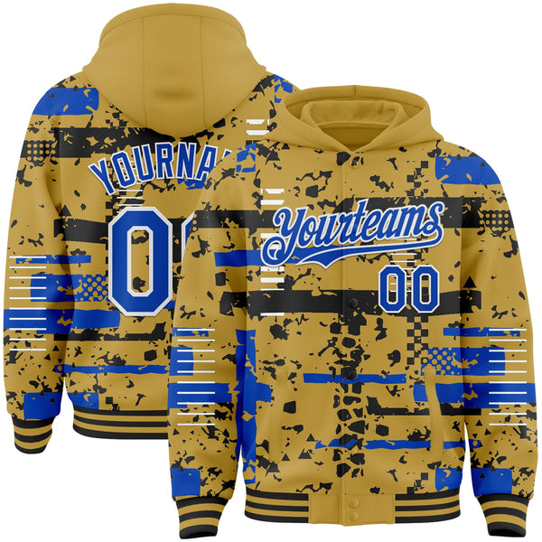 Custom Old Gold Thunder Blue Black-White Abstract Fragment Shape Bomber Full-Snap Varsity Letterman Hoodie Jacket