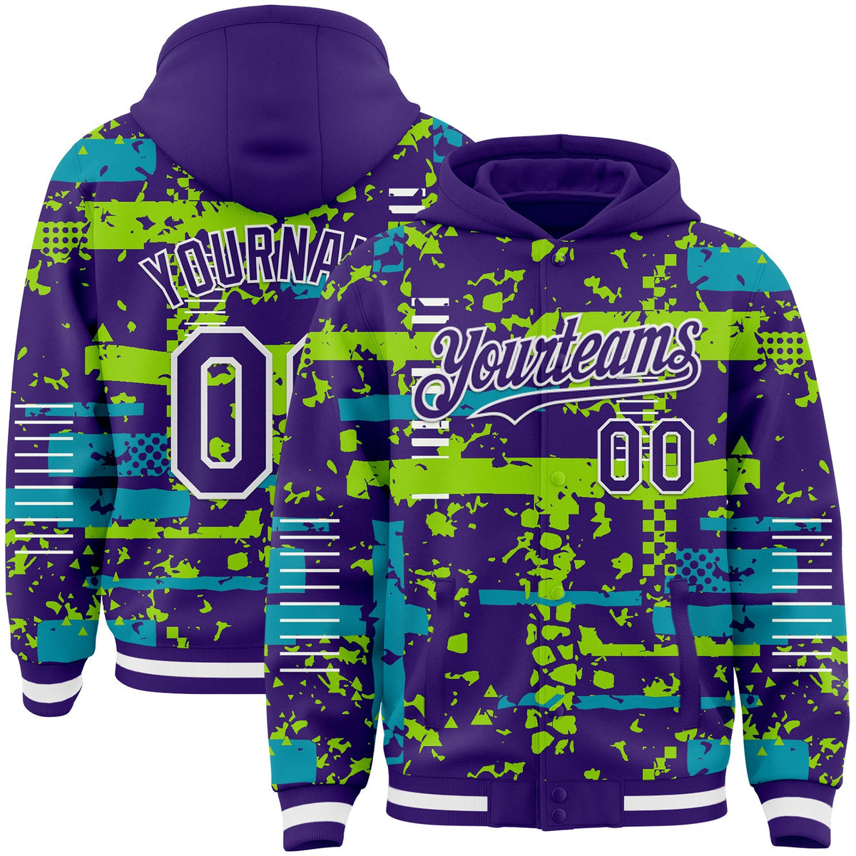 Custom Purple Teal Neon Green-White Abstract Fragment Shape Bomber Full-Snap Varsity Letterman Hoodie Jacket
