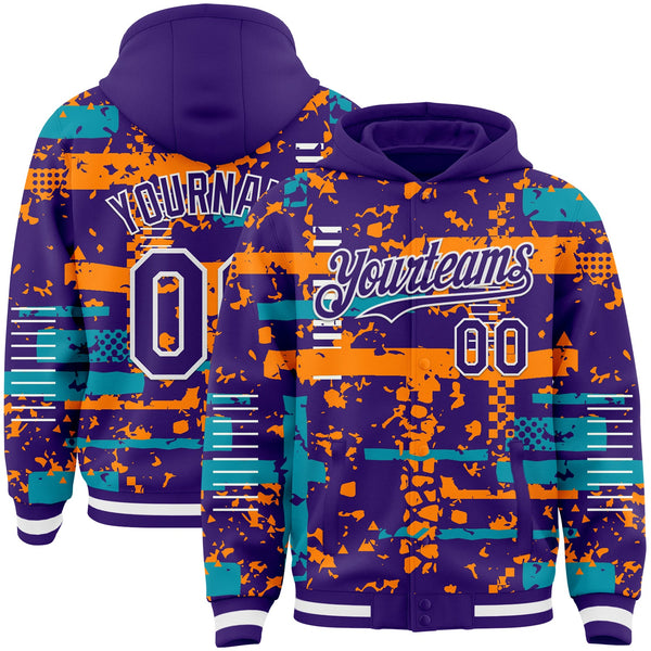 Custom Purple Teal Bay Orange-White Abstract Fragment Shape Bomber Full-Snap Varsity Letterman Hoodie Jacket