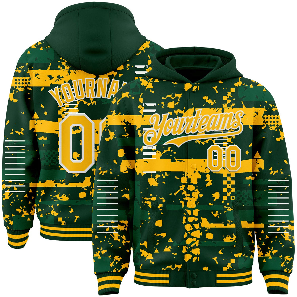 Custom Green Gold Kelly Green-White Abstract Fragment Shape Bomber Full-Snap Varsity Letterman Hoodie Jacket
