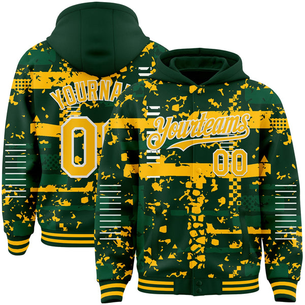 Custom Green Gold Kelly Green-White Abstract Fragment Shape Bomber Full-Snap Varsity Letterman Hoodie Jacket