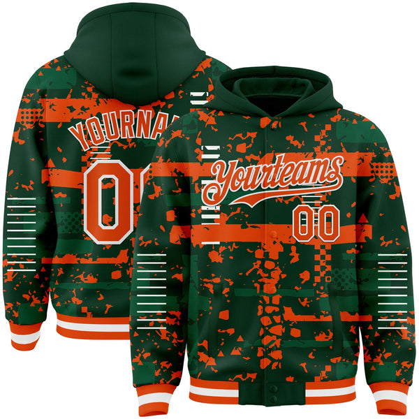 Custom Green Orange Kelly Green-White Abstract Fragment Shape Bomber Full-Snap Varsity Letterman Hoodie Jacket
