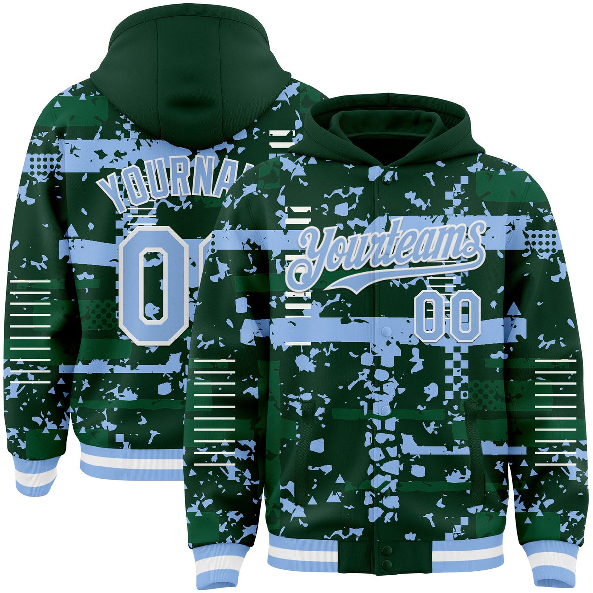 Custom Green Light Blue Kelly Green-White Abstract Fragment Shape Bomber Full-Snap Varsity Letterman Hoodie Jacket