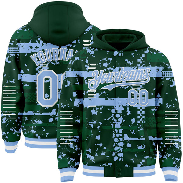 Custom Green Light Blue Kelly Green-White Abstract Fragment Shape Bomber Full-Snap Varsity Letterman Hoodie Jacket
