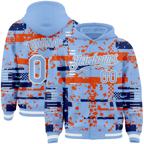 Custom Light Blue Royal Orange-White Abstract Fragment Shape Bomber Full-Snap Varsity Letterman Hoodie Jacket