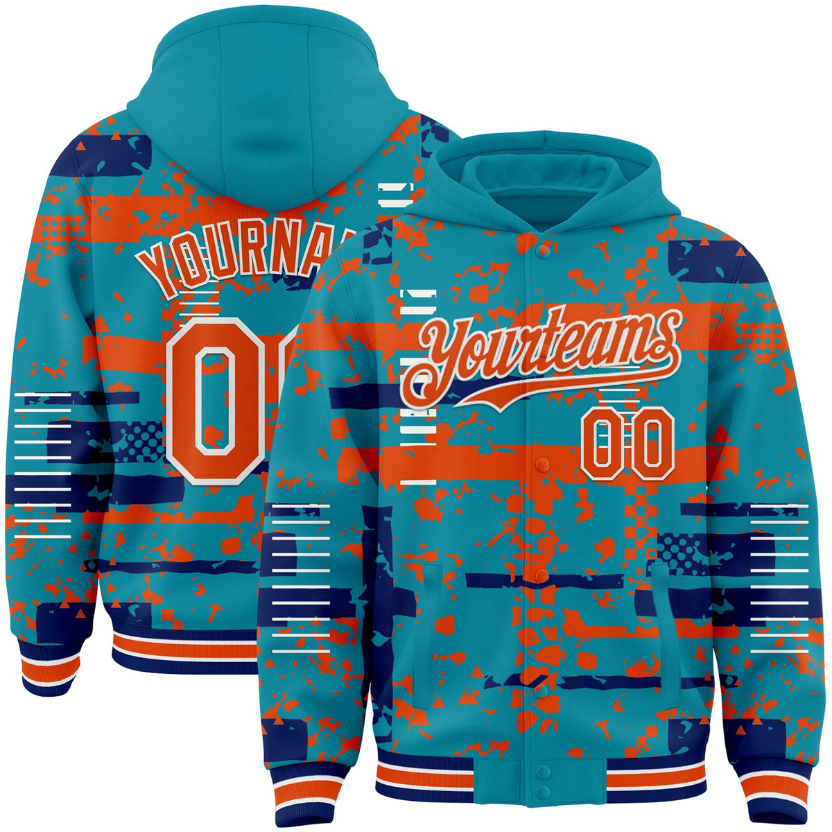 Custom Teal Orange Royal-White Abstract Fragment Shape Bomber Full-Snap Varsity Letterman Hoodie Jacket