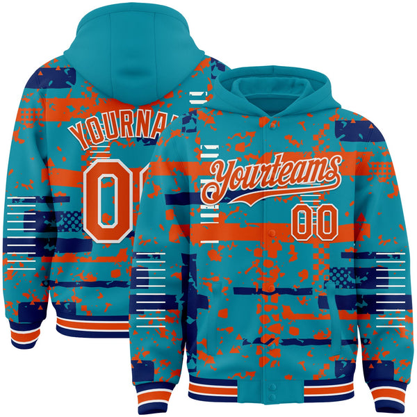 Custom Teal Orange Royal-White Abstract Fragment Shape Bomber Full-Snap Varsity Letterman Hoodie Jacket