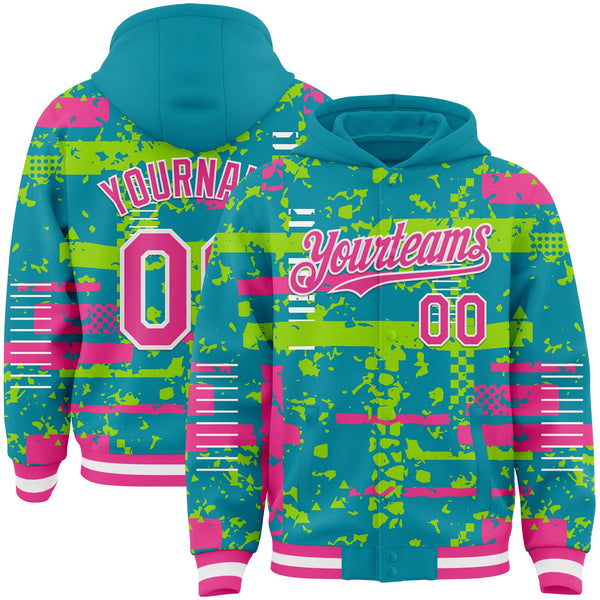 Custom Teal Pink Neon Green-White Abstract Fragment Shape Bomber Full-Snap Varsity Letterman Hoodie Jacket