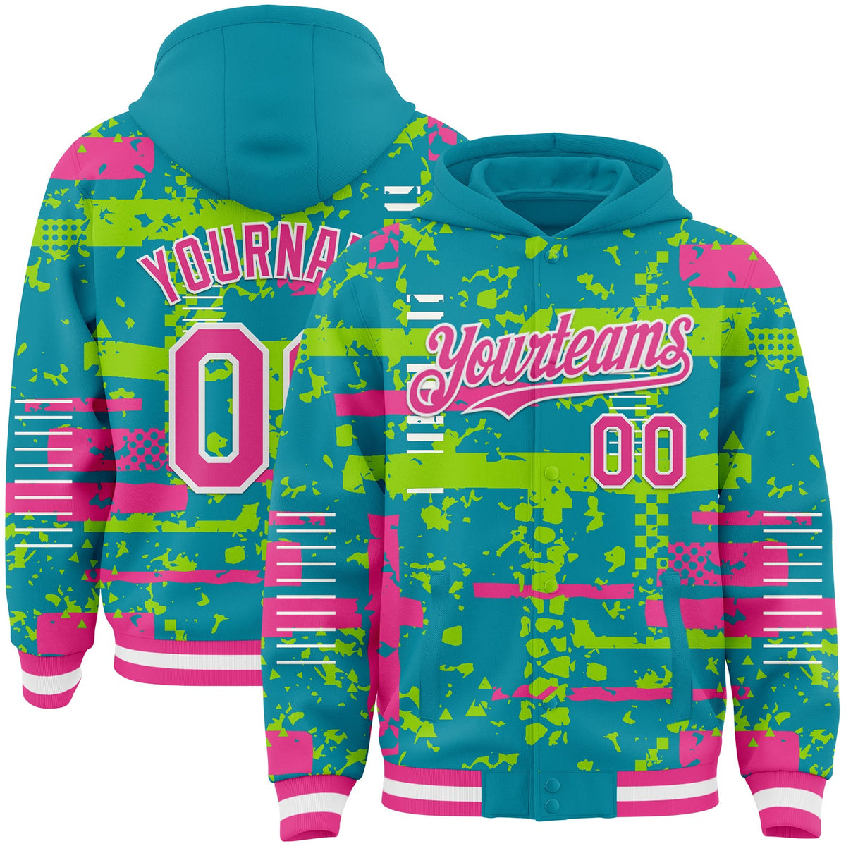 Custom Teal Pink Neon Green-White Abstract Fragment Shape Bomber Full-Snap Varsity Letterman Hoodie Jacket