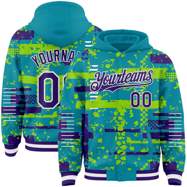 Custom Teal Purple Neon Green-White Abstract Fragment Shape Bomber Full-Snap Varsity Letterman Hoodie Jacket