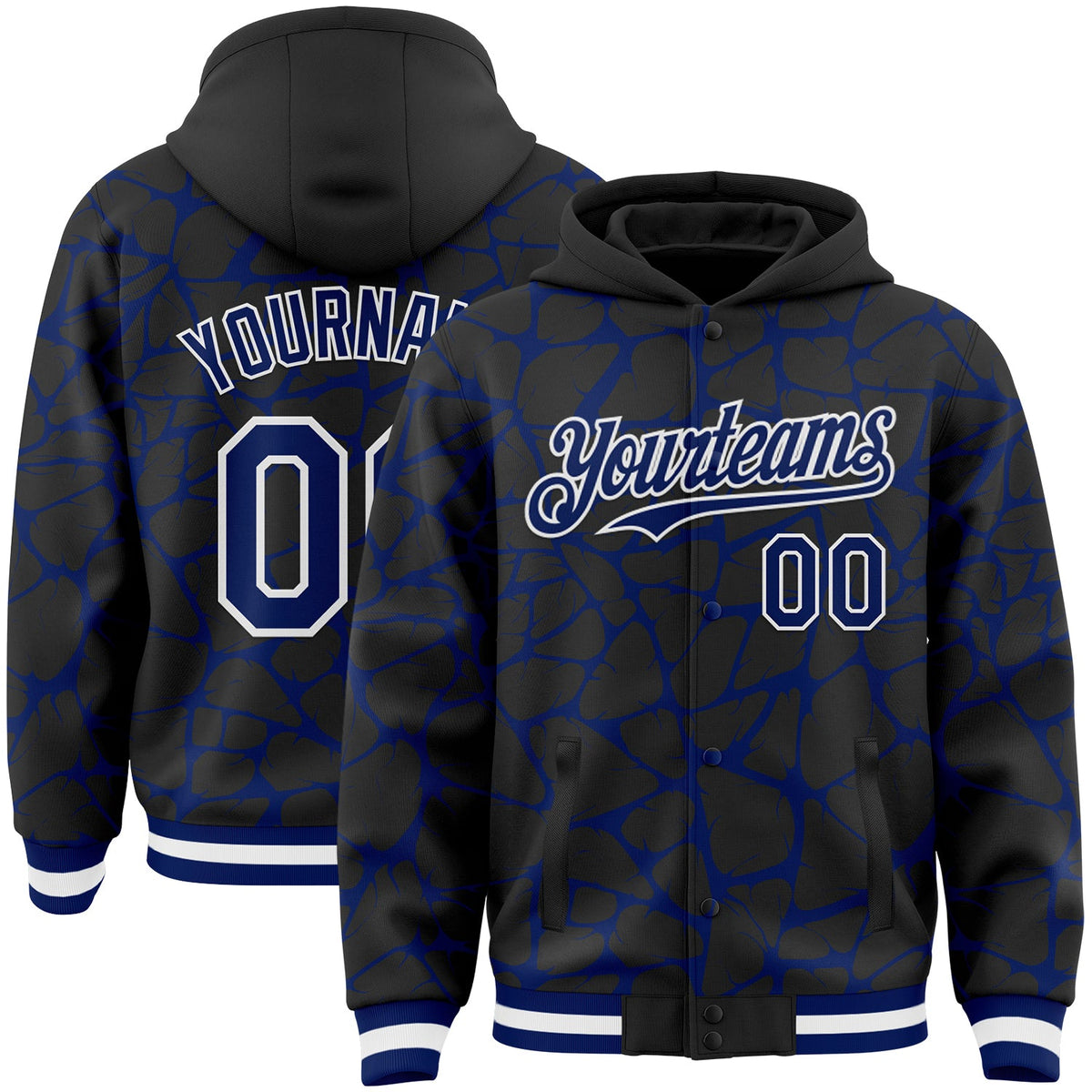 Custom Black Royal-White Abstract Network Bomber Full-Snap Varsity Letterman Hoodie Jacket