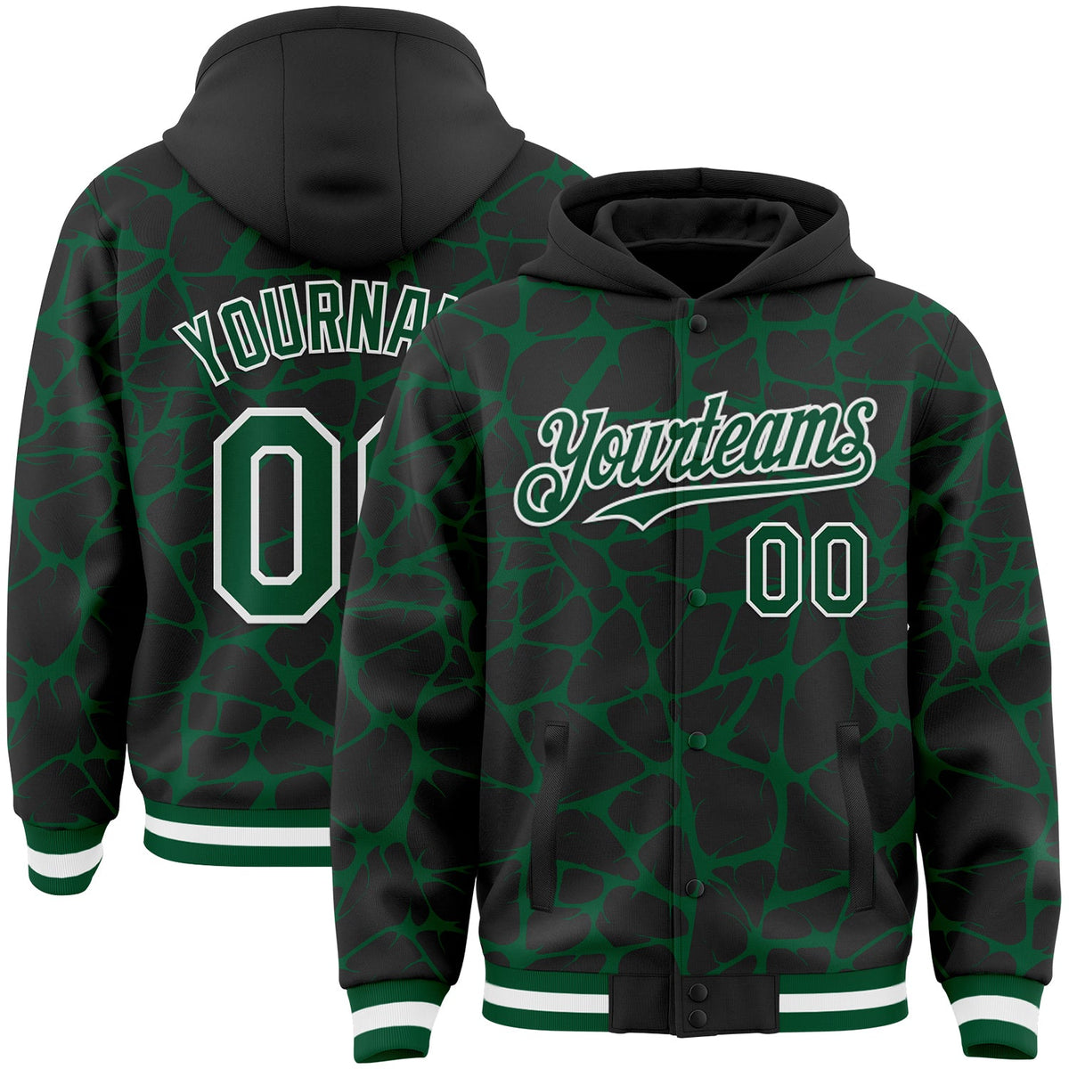 Custom Black Kelly Green-White Abstract Network Bomber Full-Snap Varsity Letterman Hoodie Jacket