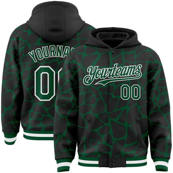 Custom Black Kelly Green-White Abstract Network Bomber Full-Snap Varsity Letterman Hoodie Jacket