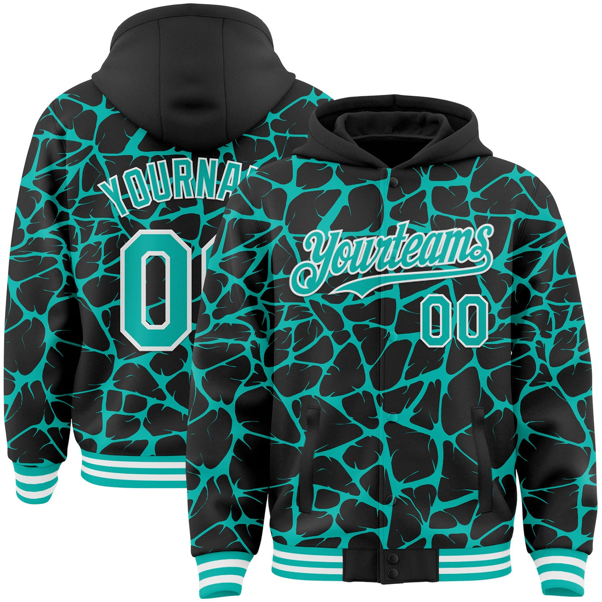 Custom Black Aqua-White Abstract Network Bomber Full-Snap Varsity Letterman Hoodie Jacket