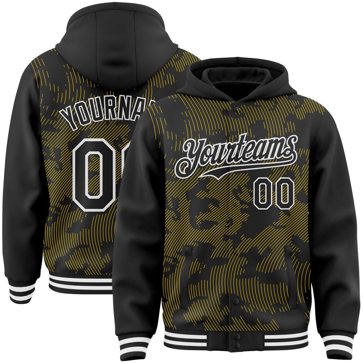 Custom Black Yellow-White Curve Lines Bomber Full-Snap Varsity Letterman Hoodie Jacket