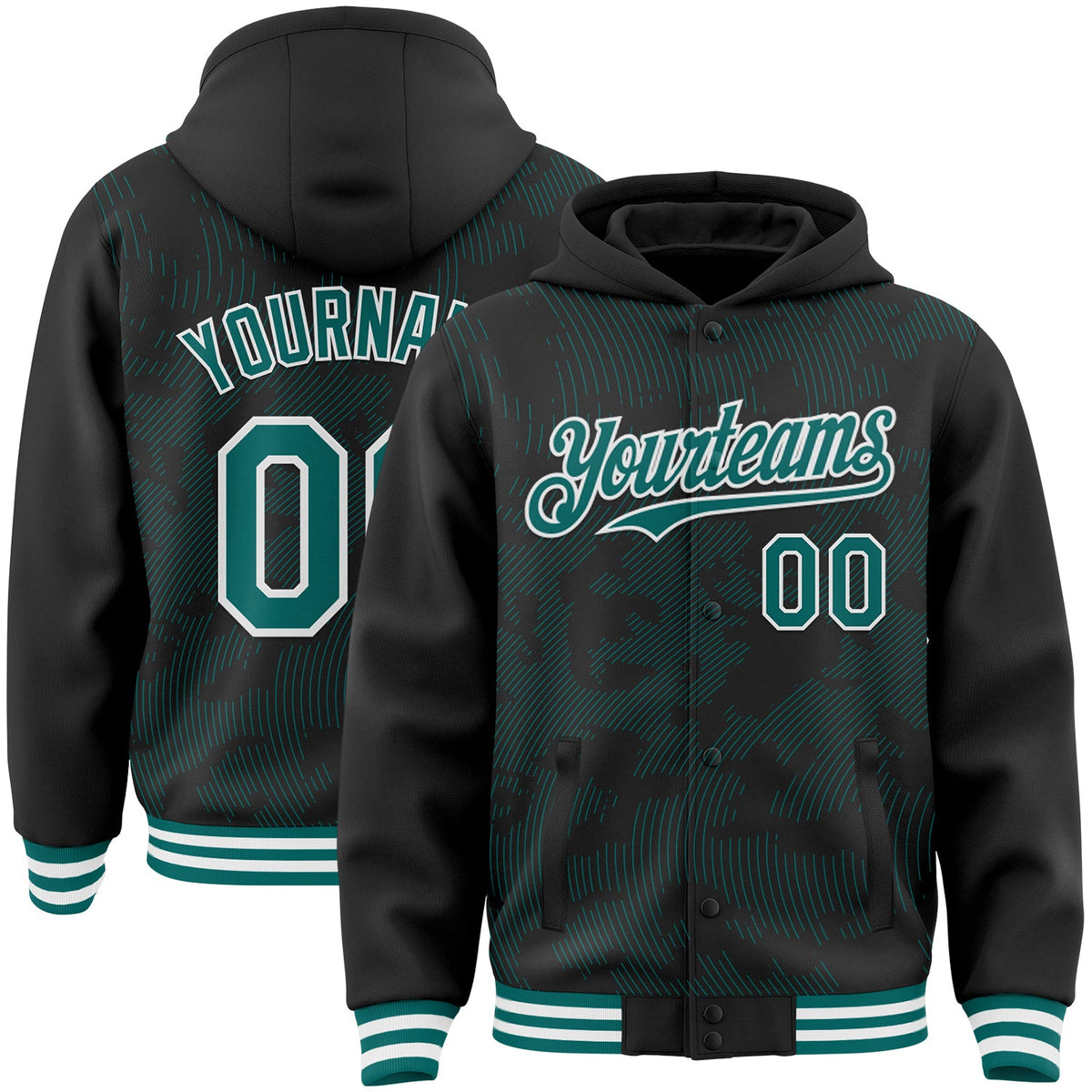 Custom Black Teal-White Curve Lines Bomber Full-Snap Varsity Letterman Hoodie Jacket