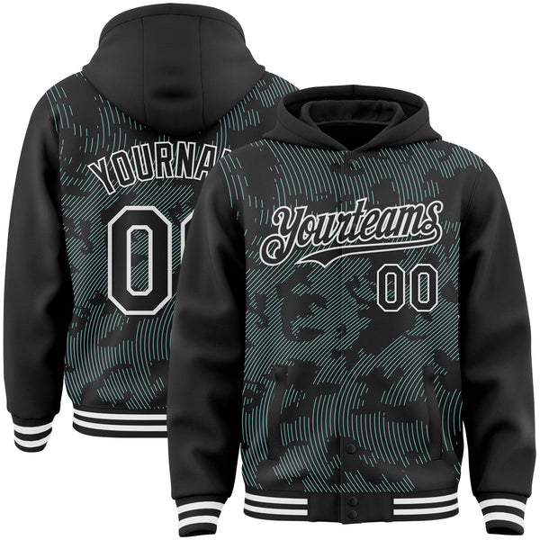 Custom Black Ice Blue-White Curve Lines Bomber Full-Snap Varsity Letterman Hoodie Jacket