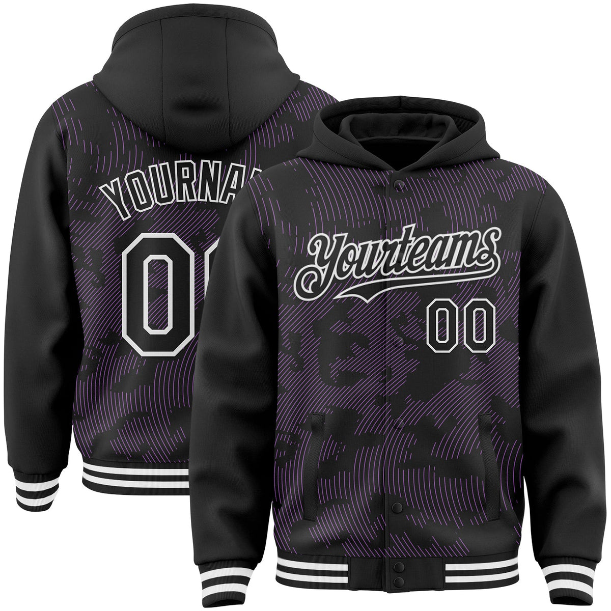 Custom Black Medium Purple-White Curve Lines Bomber Full-Snap Varsity Letterman Hoodie Jacket