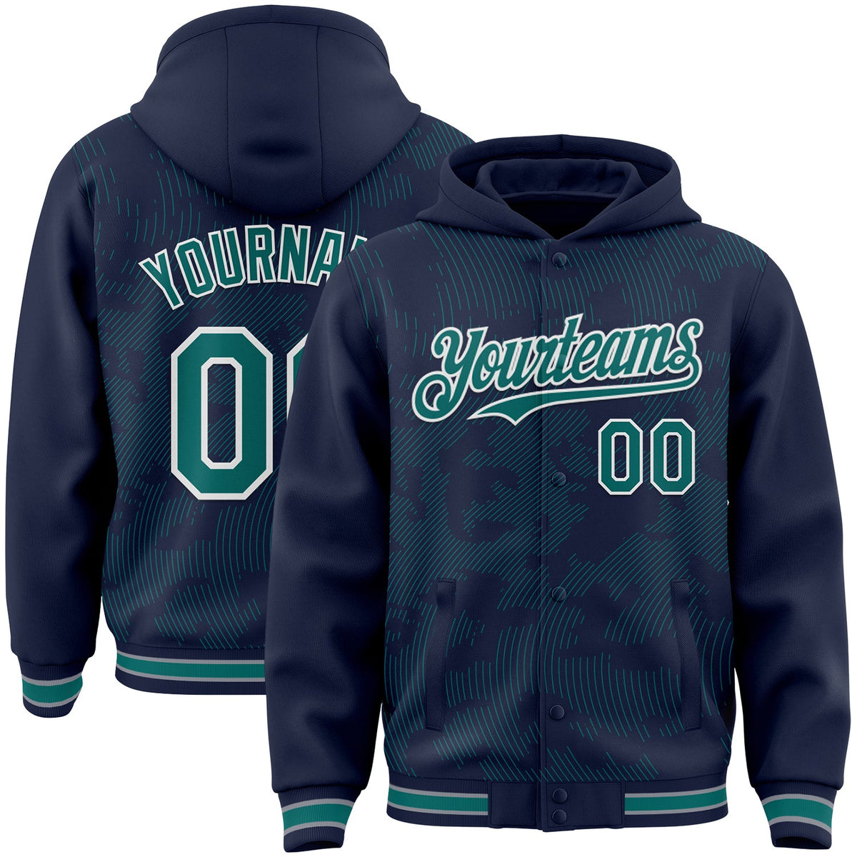 Custom Navy Teal-White Curve Lines Bomber Full-Snap Varsity Letterman Hoodie Jacket