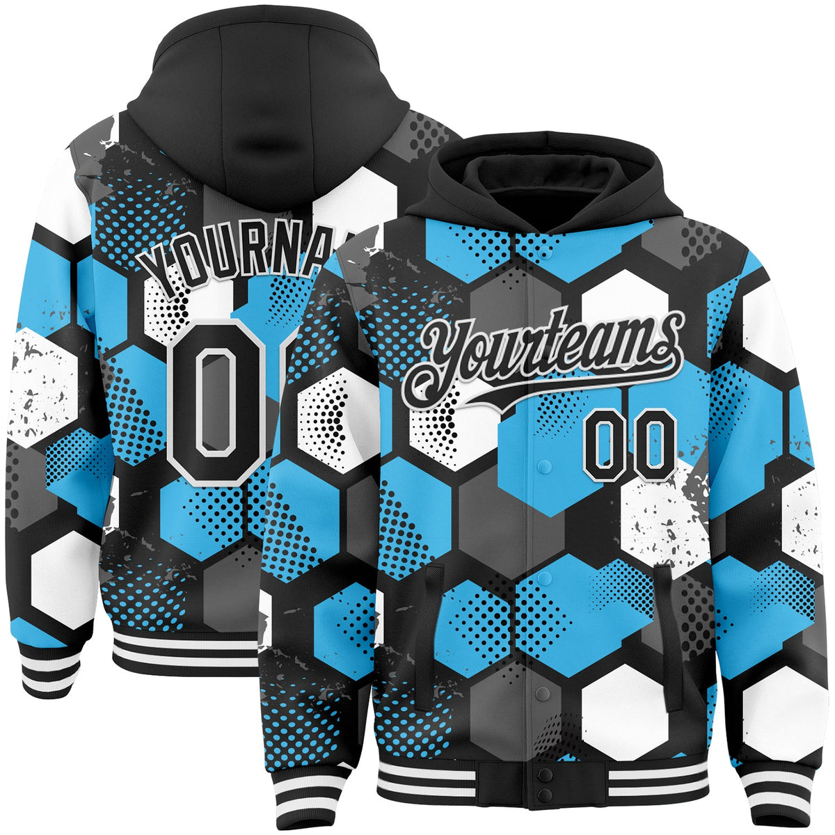 Custom Black Sky Blue-White Geometric Shape Bomber Full-Snap Varsity Letterman Hoodie Jacket
