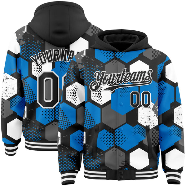 Custom Black Powder Blue-White Geometric Shape Bomber Full-Snap Varsity Letterman Hoodie Jacket