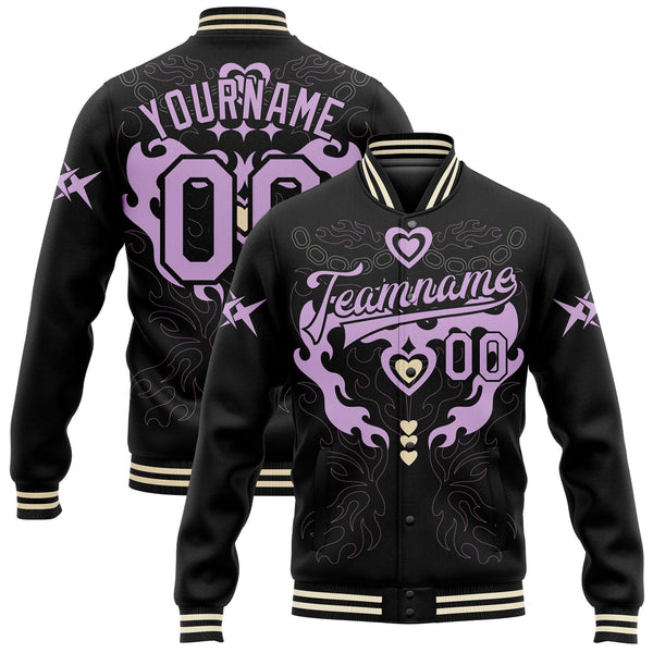 Custom Black Light Purple-Cream Gothic Y2K Bomber Full-Snap Varsity Letterman Jacket
