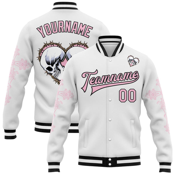 Custom White Light Pink-Black Gothic Crosses Skull Bomber Full-Snap Varsity Letterman Jacket