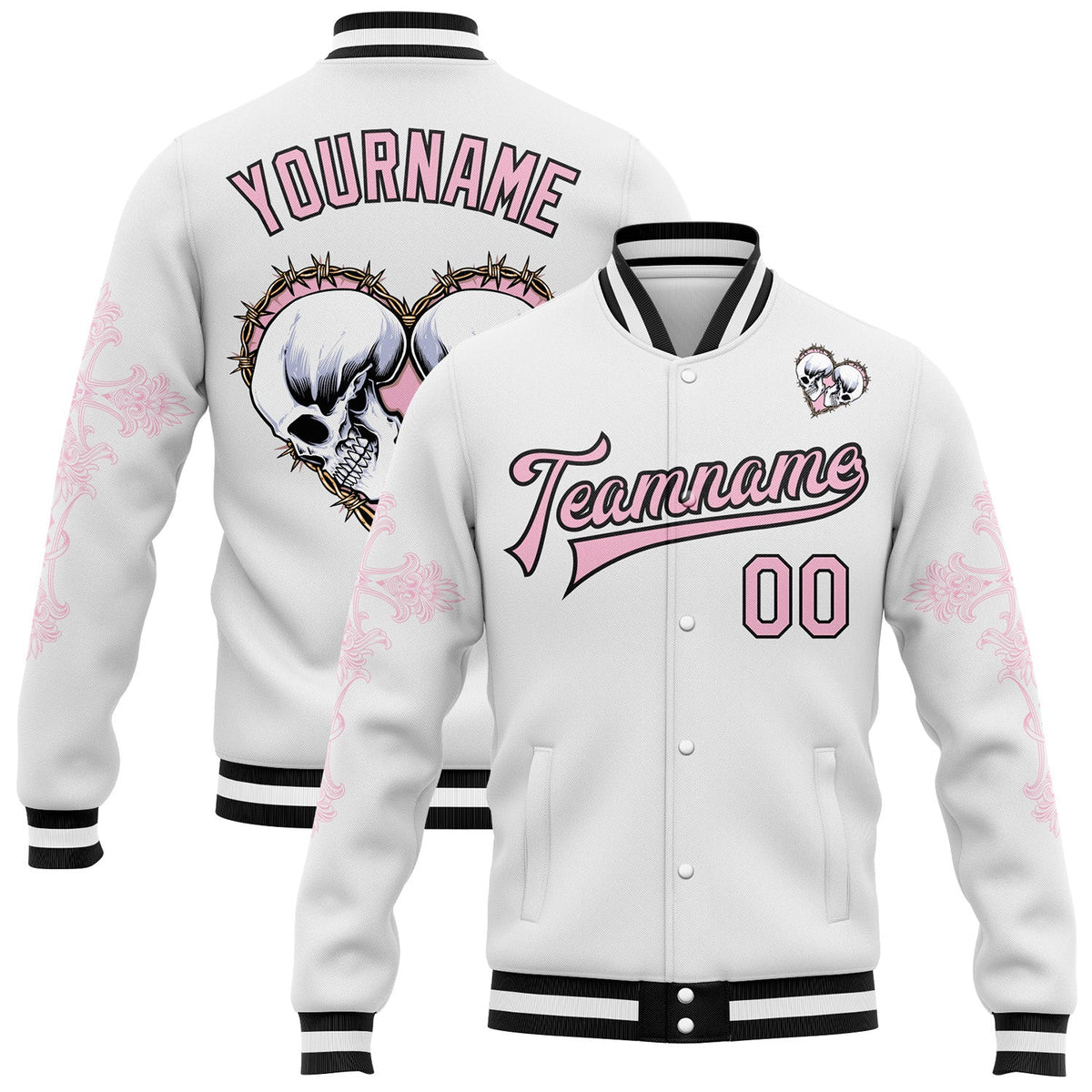 Custom White Light Pink-Black Gothic Crosses Skull Bomber Full-Snap Varsity Letterman Jacket