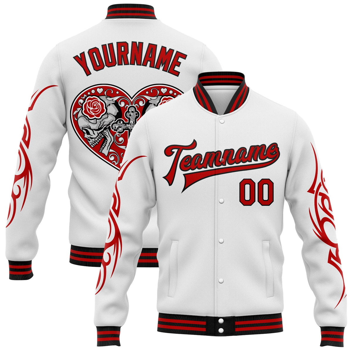 Custom White Red-Black Gothic Skull Bomber Full-Snap Varsity Letterman Jacket