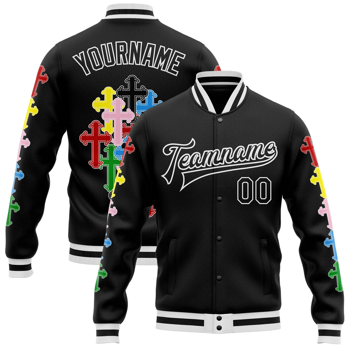 Custom Black White Gothic Chromatic Crosses Bomber Full-Snap Varsity Letterman Jacket
