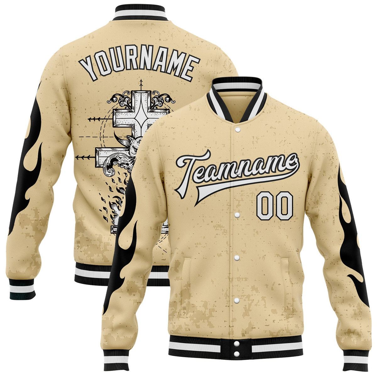 Custom City Cream White-Black Gothic Flame Cross Grunge Bomber Full-Snap Varsity Letterman Jacket