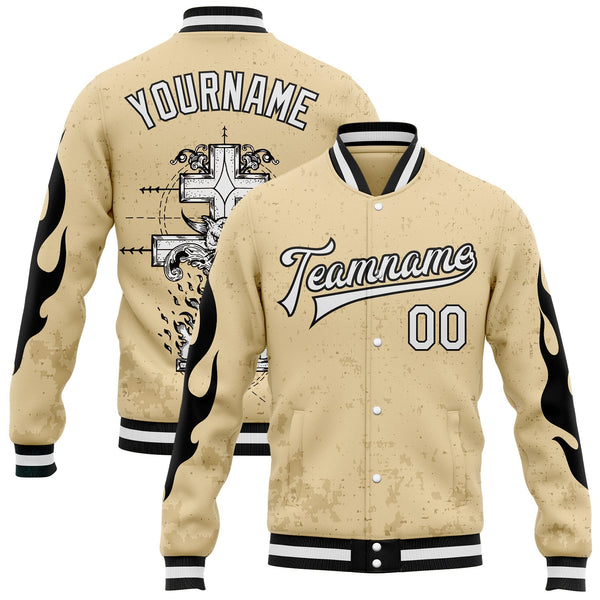 Custom City Cream White-Black Gothic Flame Cross Grunge Bomber Full-Snap Varsity Letterman Jacket