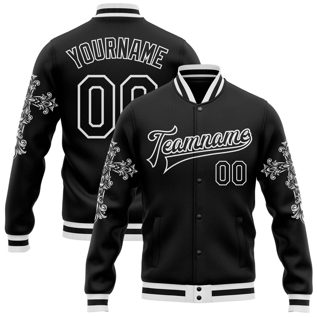 Custom Black White Gothic Crosses Bomber Full-Snap Varsity Letterman Jacket