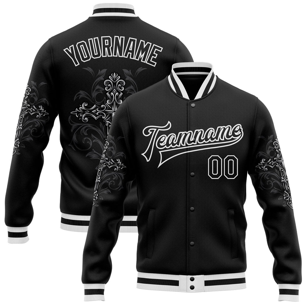 Custom Black White Gothic Crosses Bomber Full-Snap Varsity Letterman Jacket