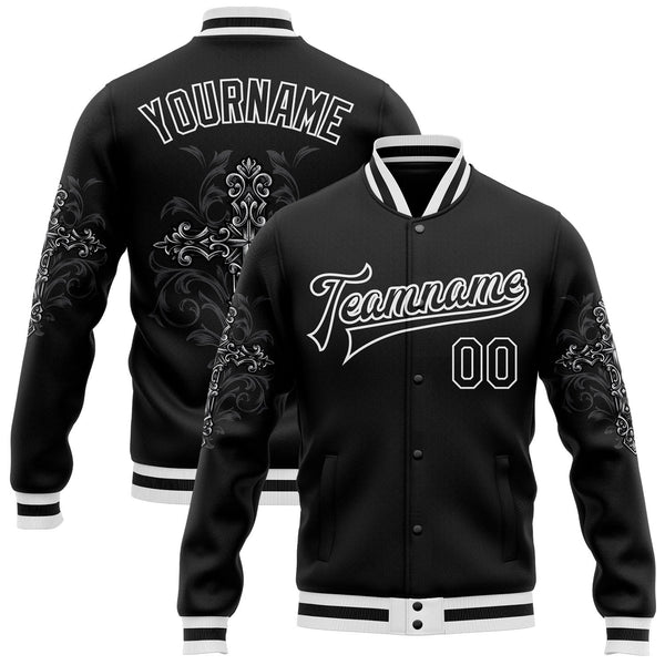 Custom Black White Gothic Crosses Bomber Full-Snap Varsity Letterman Jacket
