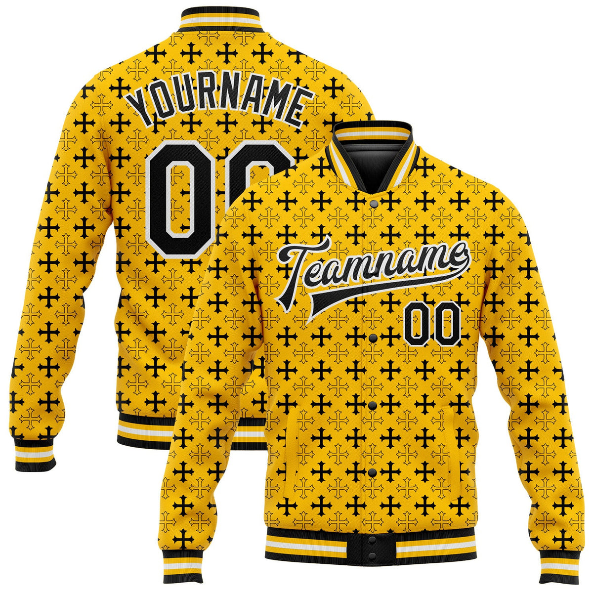 Custom Gold Black-White Gothic Crosses Bomber Full-Snap Varsity Letterman Jacket