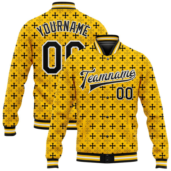 Custom Gold Black-White Gothic Crosses Bomber Full-Snap Varsity Letterman Jacket