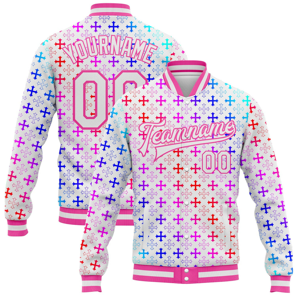 Custom White Pink Gothic Gradient Crosses Bomber Full-Snap Varsity Letterman Jacket