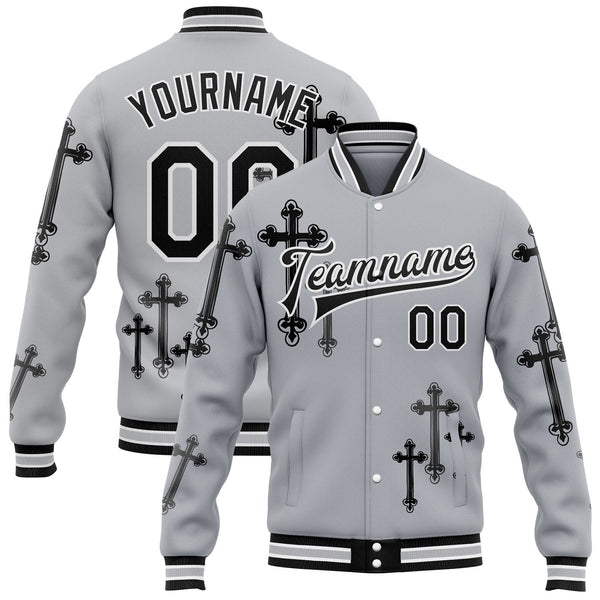 Custom Gray Black-White Gothic Crosses Bomber Full-Snap Varsity Letterman Jacket