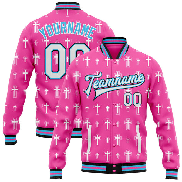 Custom Pink White Sky Blue-Black Gothic Crosses Bomber Full-Snap Varsity Letterman Jacket