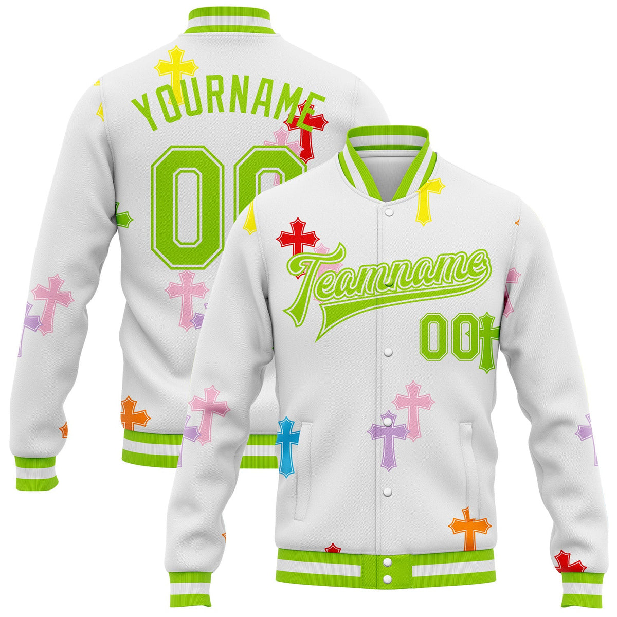 Custom White Neon Green Gothic Crosses Bomber Full-Snap Varsity Letterman Jacket