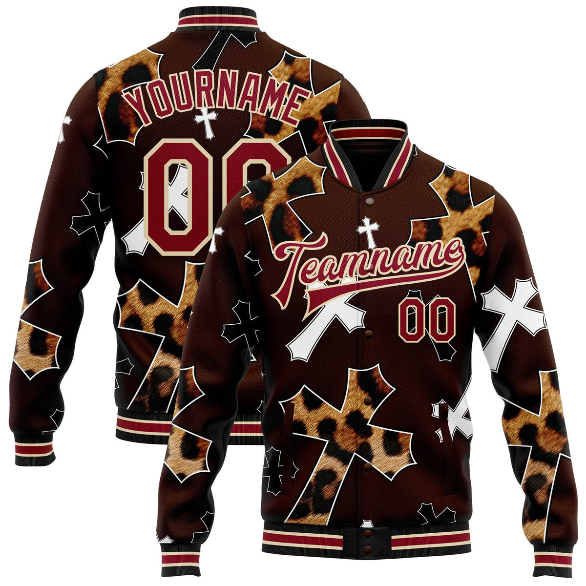 Custom Brown Crimson City Cream-Black Gothic Leopard Print Crosses Bomber Full-Snap Varsity Letterman Jacket