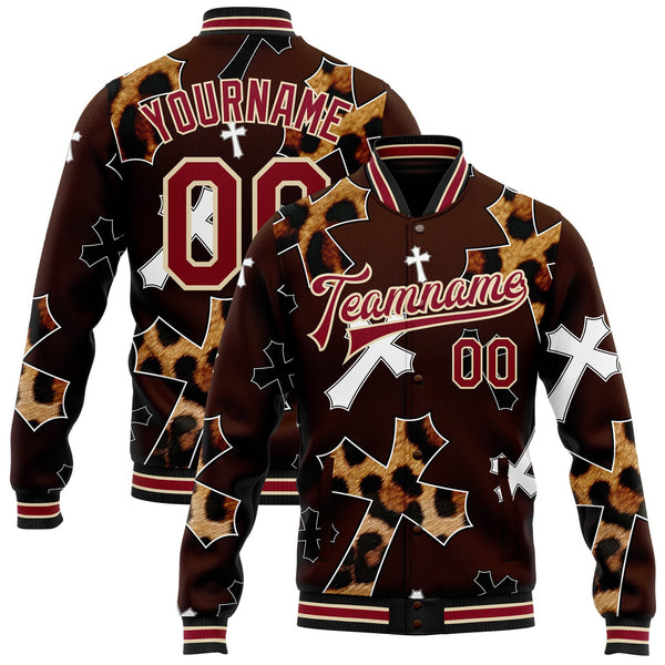 Custom Brown Crimson City Cream-Black Gothic Leopard Print Crosses Bomber Full-Snap Varsity Letterman Jacket