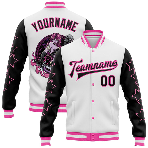 Custom White Black-Pink Y2K Stars Bomber Full-Snap Varsity Letterman Jacket