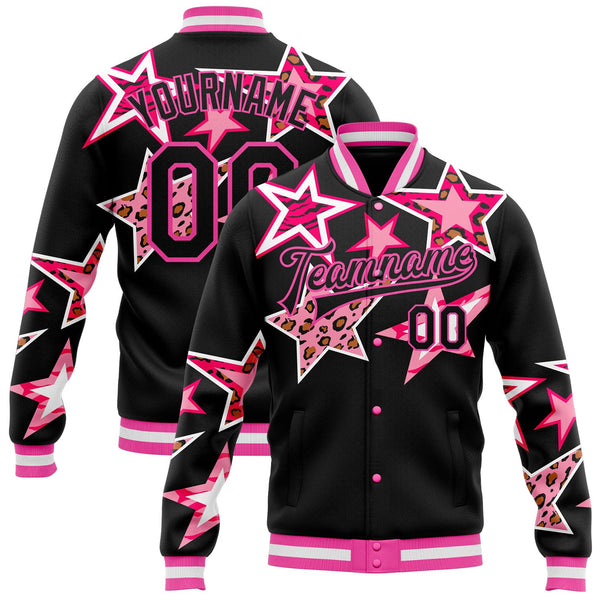 Custom Black Pink Y2K Stars Bomber Full-Snap Varsity Letterman Jacket